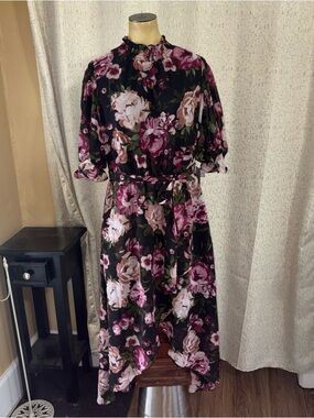 Eliza J Black Floral Asymmetrical Midi Dress NWT, size 14